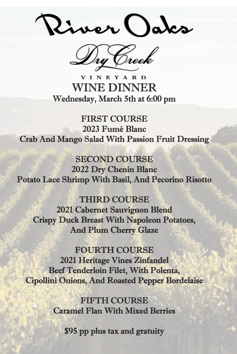 Dry Creek Wine Dinner on March 5!