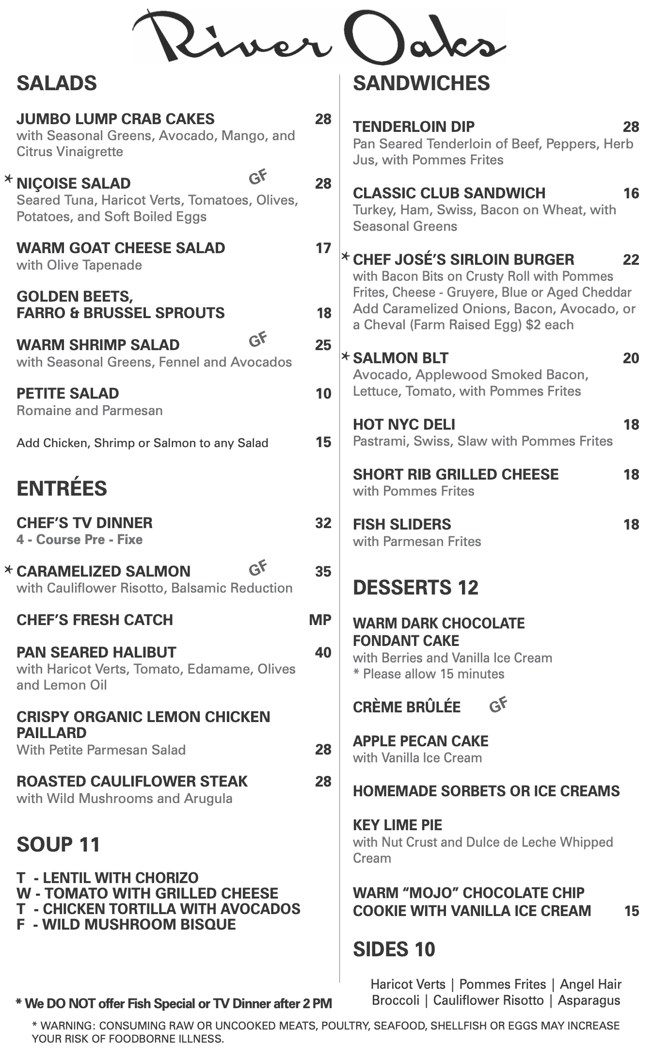 River Oaks Winter 2026 Lunch Menu